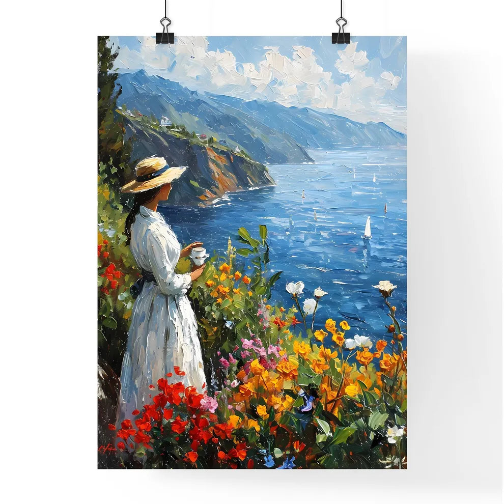 A Poster of A beautiful woman is drinking co Poster