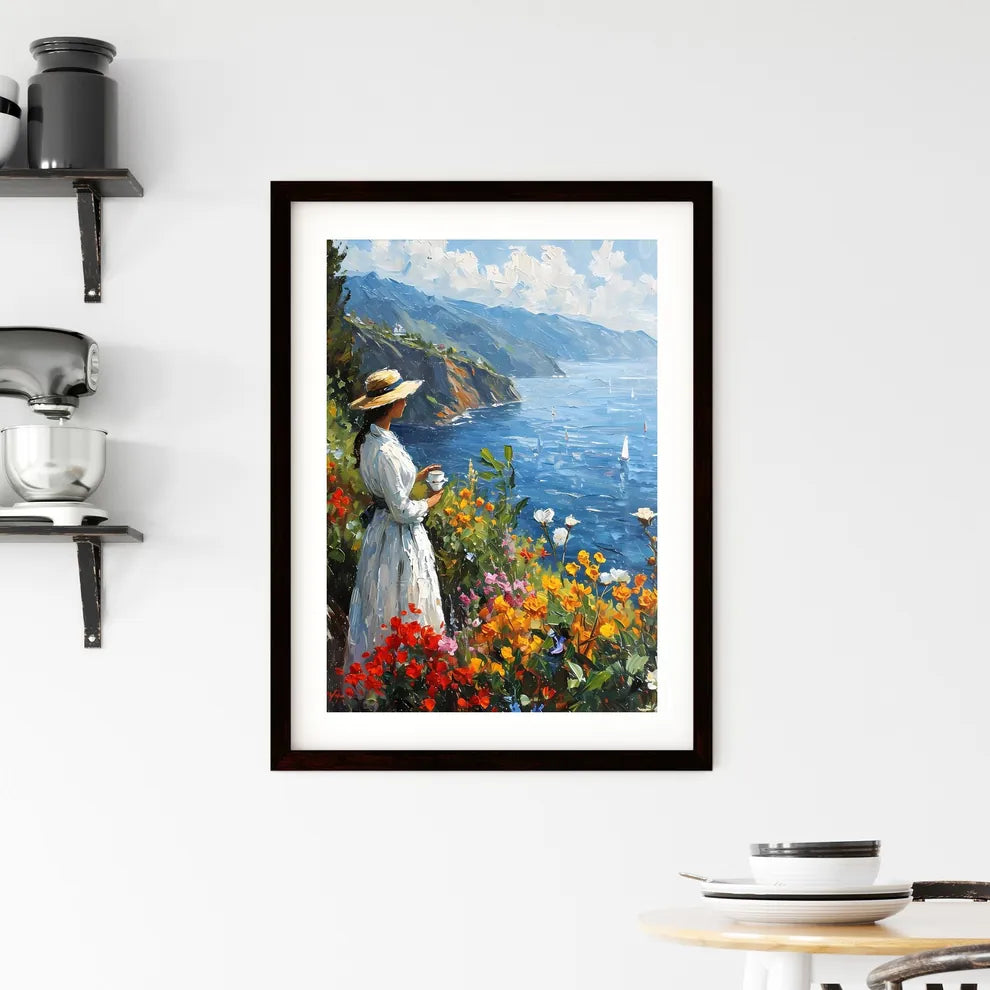 A Poster of A beautiful woman is drinking co Framed Print