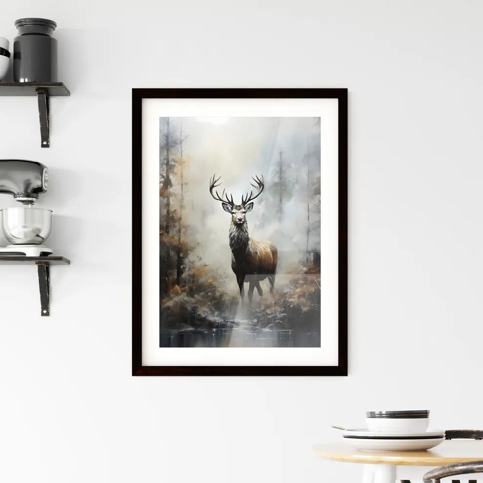 A Poster of elk in the fog print  Framed Print