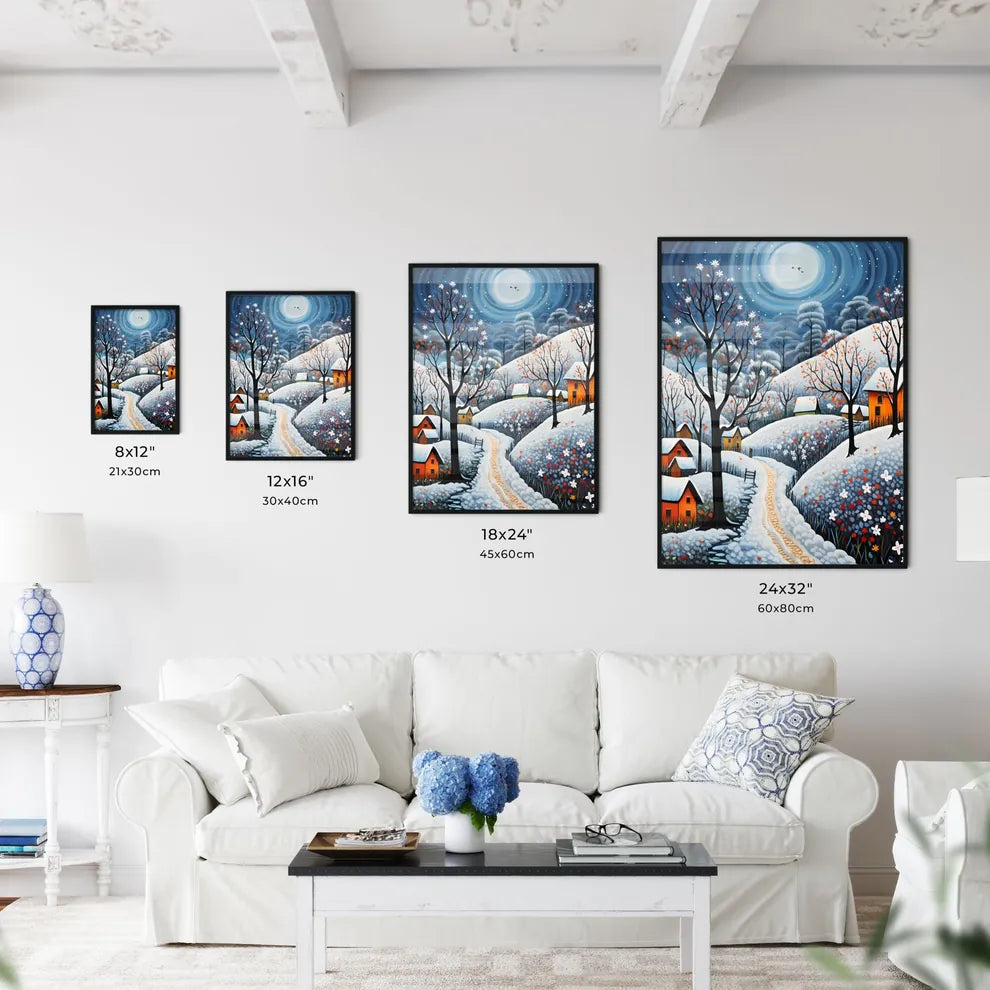 A Poster of snow landscape - A Painting Of A Village In The Snow Size Chart