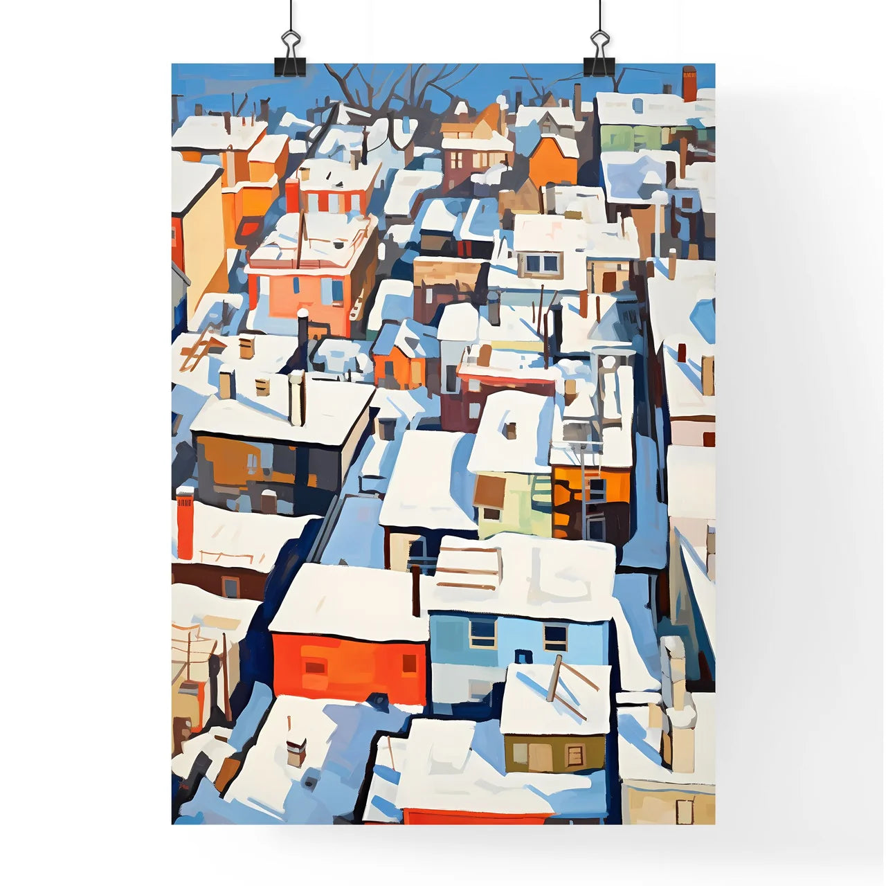 A Poster of snowy new york city roofs seen from above - A Group Of Buildings Covered In Snow Poster