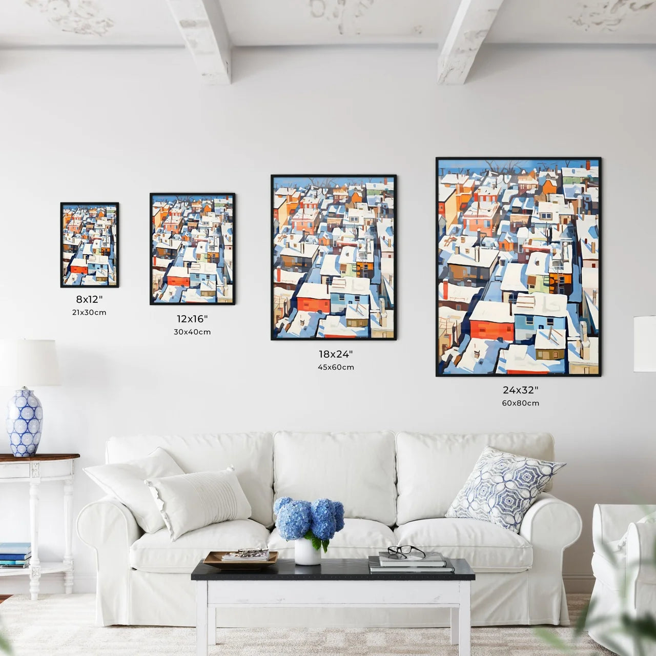 A Poster of snowy new york city roofs seen from above - A Group Of Buildings Covered In Snow Size Chart