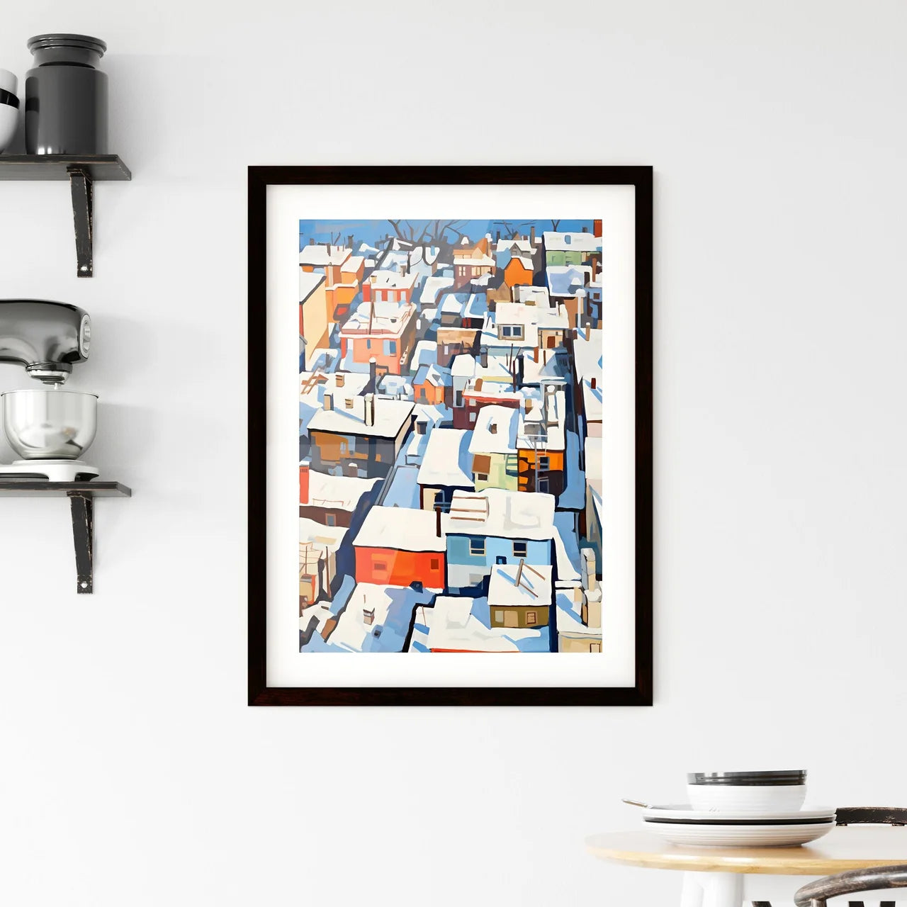 A Poster of snowy new york city roofs seen from above - A Group Of Buildings Covered In Snow Custom Print