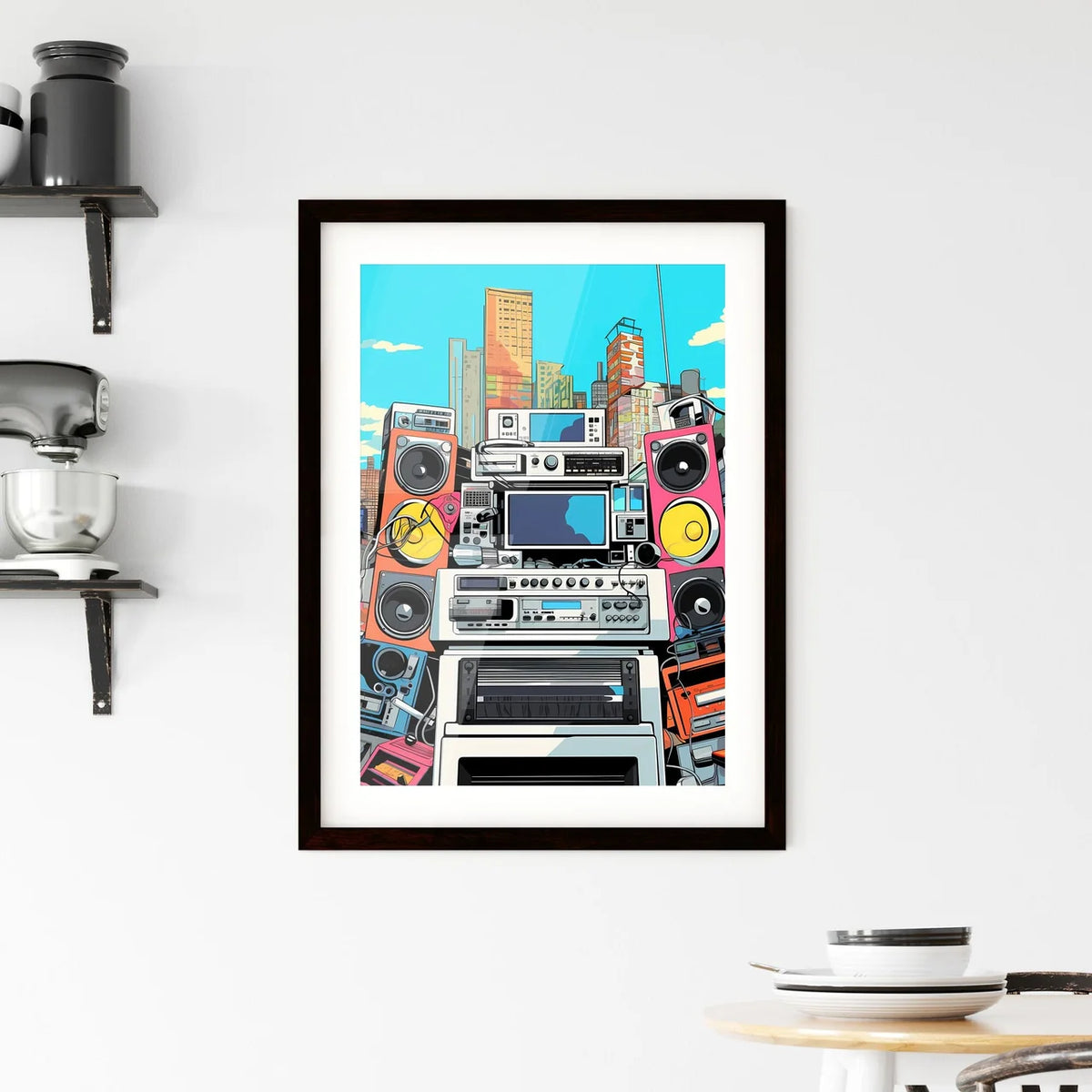 A Poster of an illustration of 80s rap song  Framed Print
