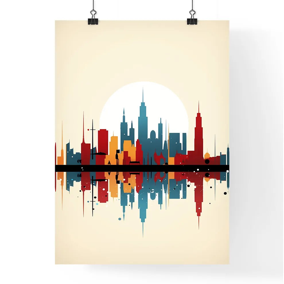 A Poster of minimalist Barcelona skyline - A Colorful City Skyline With Sun Behind It Poster