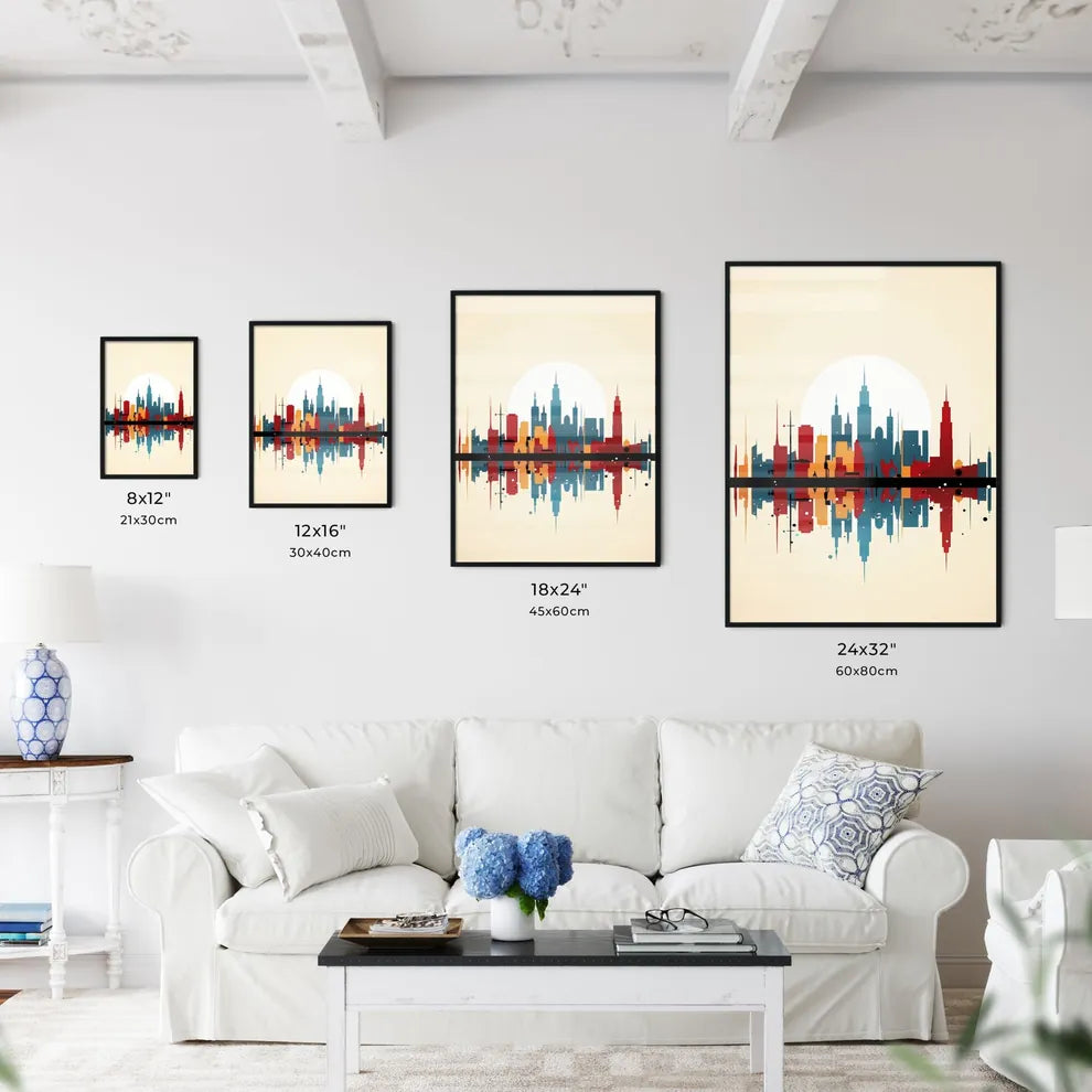 A Poster of minimalist Barcelona skyline - A Colorful City Skyline With Sun Behind It Size Chart