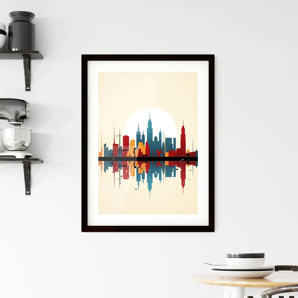 A Poster of minimalist Barcelona skyline - A Colorful City Skyline With Sun Behind It Custom Print