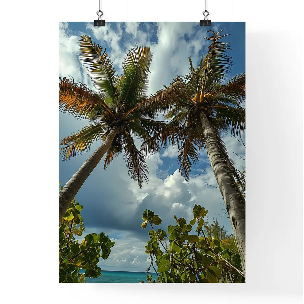 A Poster of two palm trees amidst a blue - A Poster