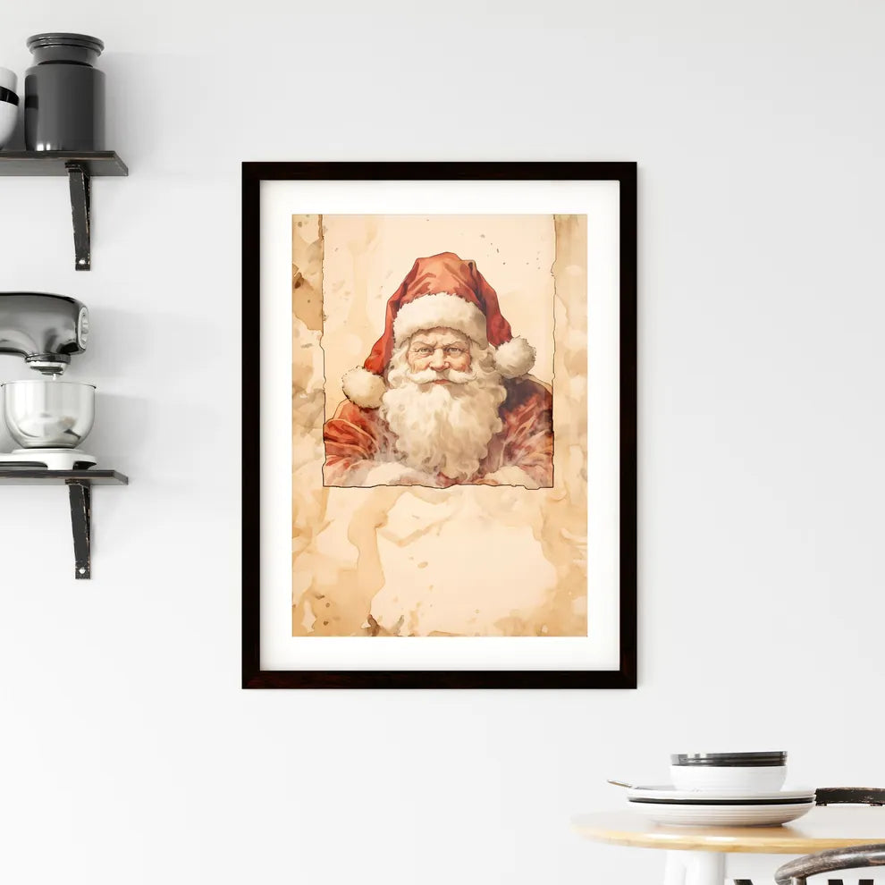 A Poster of santa claus on a beige insulated Framed Print