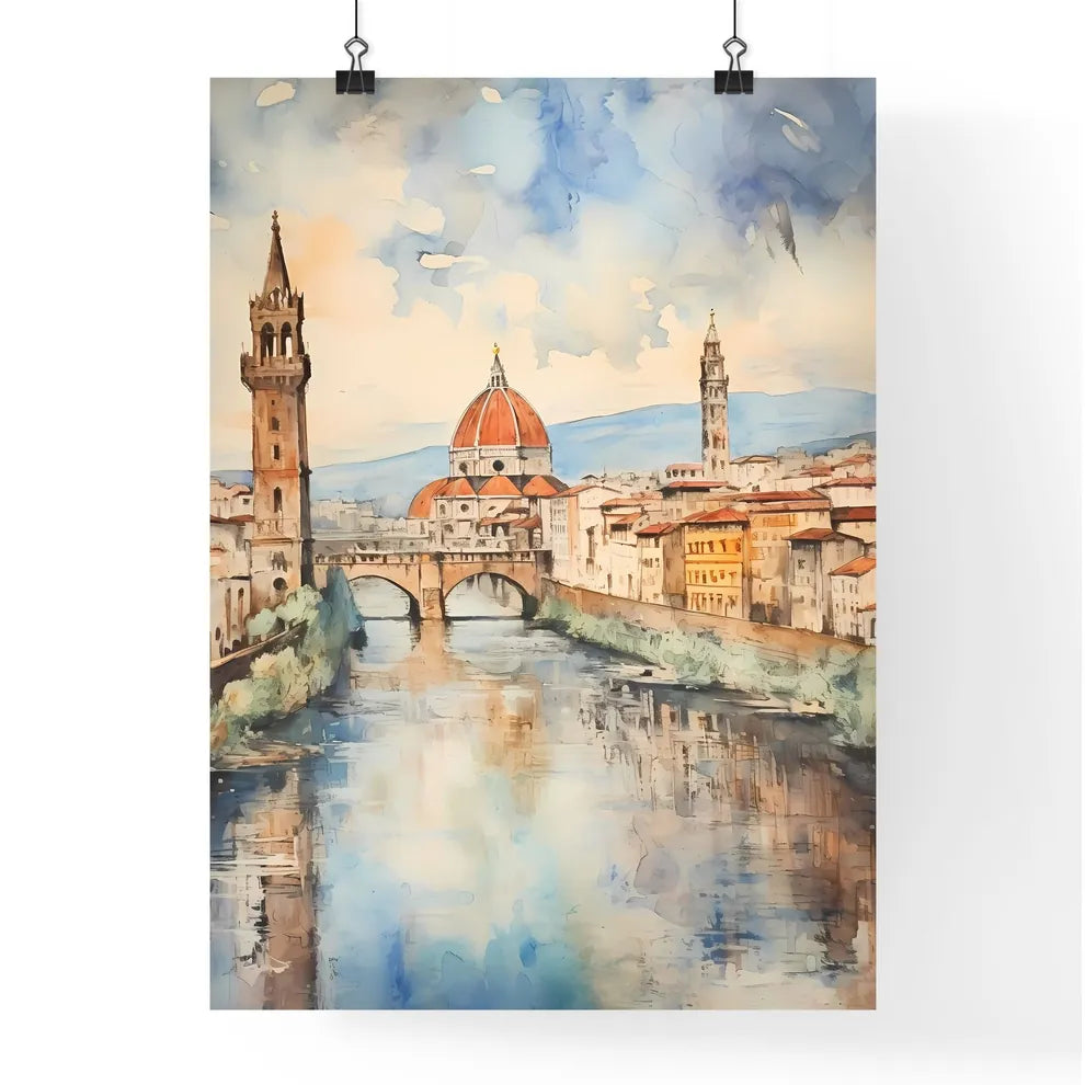 A Poster of paper texture background - Water With A Bridge And A Red Dome Poster