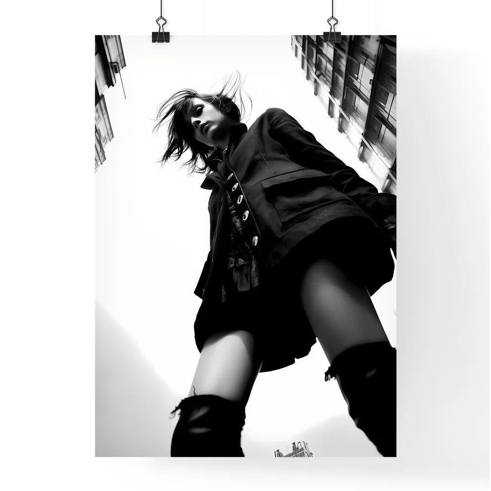 A Poster of girl model shooting low angle shot - A Woman Standing In A City Poster