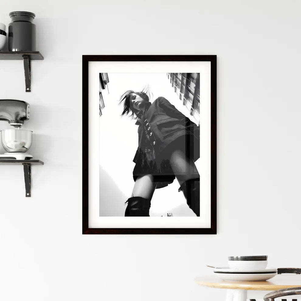 A Poster of girl model shooting low angle shot - A Woman Standing In A City Custom Print