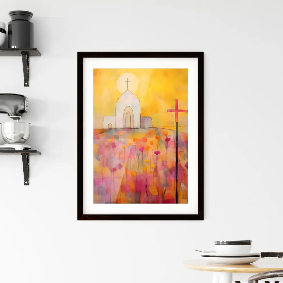 A Poster of the easter church painting - A Painting Of A Church And A Cross In A Field Of Flowers Custom Print