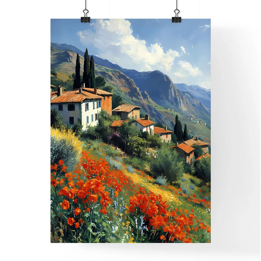 A Poster of impressionistic landscape in Southern France - A Group Of Houses On A Hillside With Flowers Poster