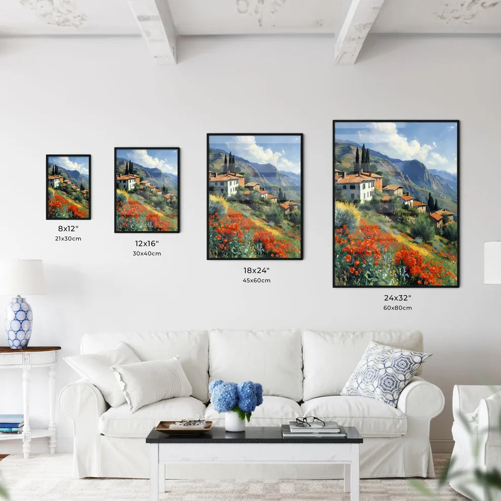 A Poster of impressionistic landscape in Southern France - A Group Of Houses On A Hillside With Flowers Size Chart
