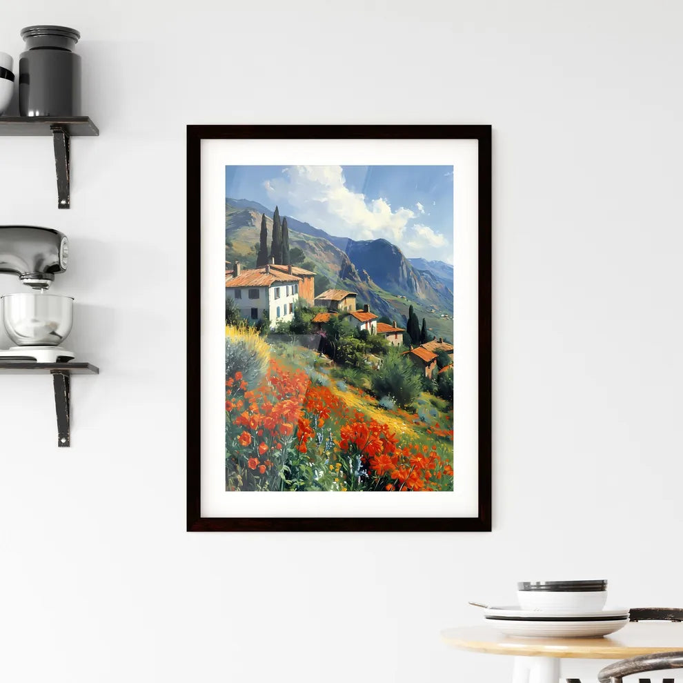 A Poster of impressionistic landscape in Southern France - A Group Of Houses On A Hillside With Flowers Custom Print