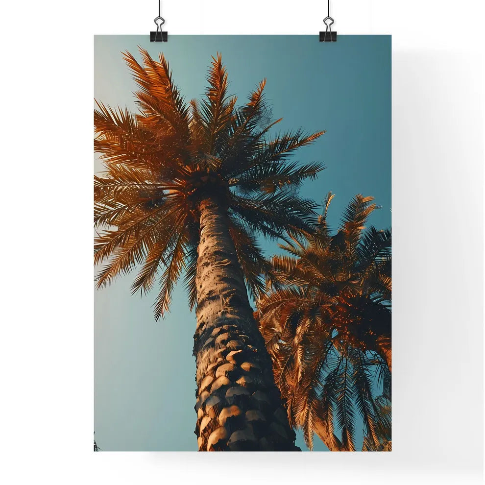 A Poster of two palm trees amidst a blue - A Poster