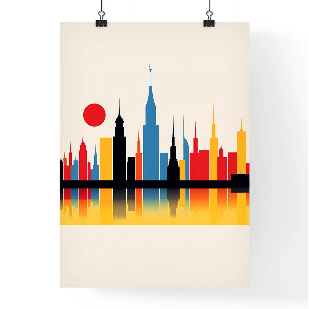 A Poster of minimalist Barcelona skyline - A Colorful City Skyline With A Red Sun Poster