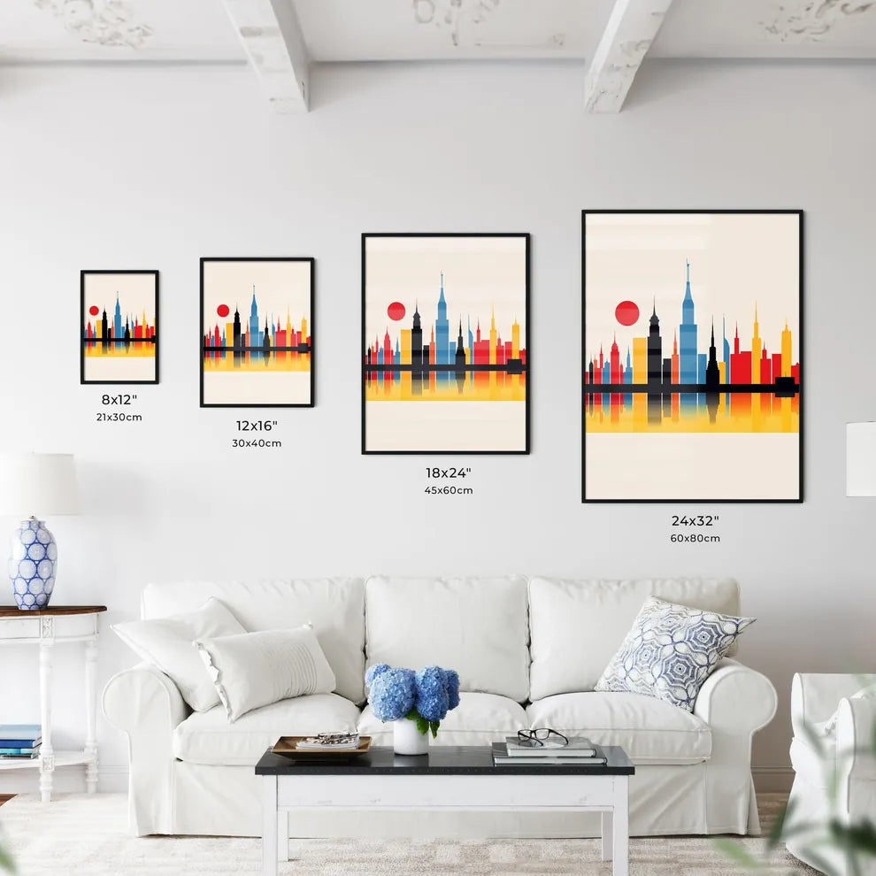 A Poster of minimalist Barcelona skyline - A Colorful City Skyline With A Red Sun Size Chart