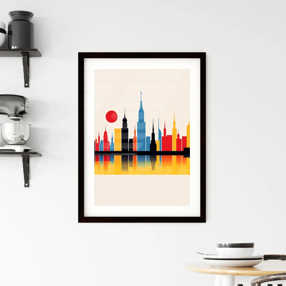 A Poster of minimalist Barcelona skyline - A Colorful City Skyline With A Red Sun Custom Print