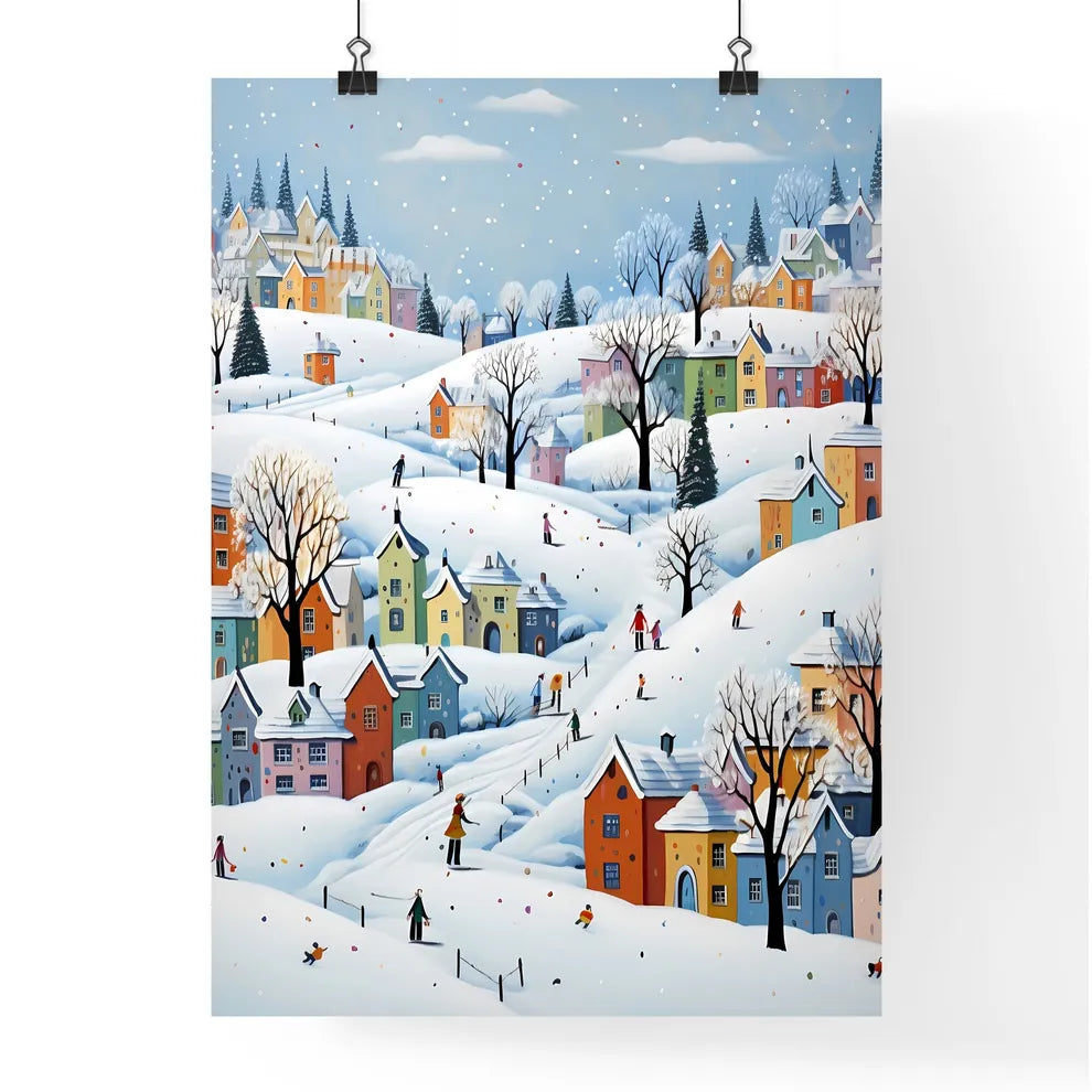 A Poster of snow landscape - A Painting Of A Town With Many Colorful Houses And Trees Poster