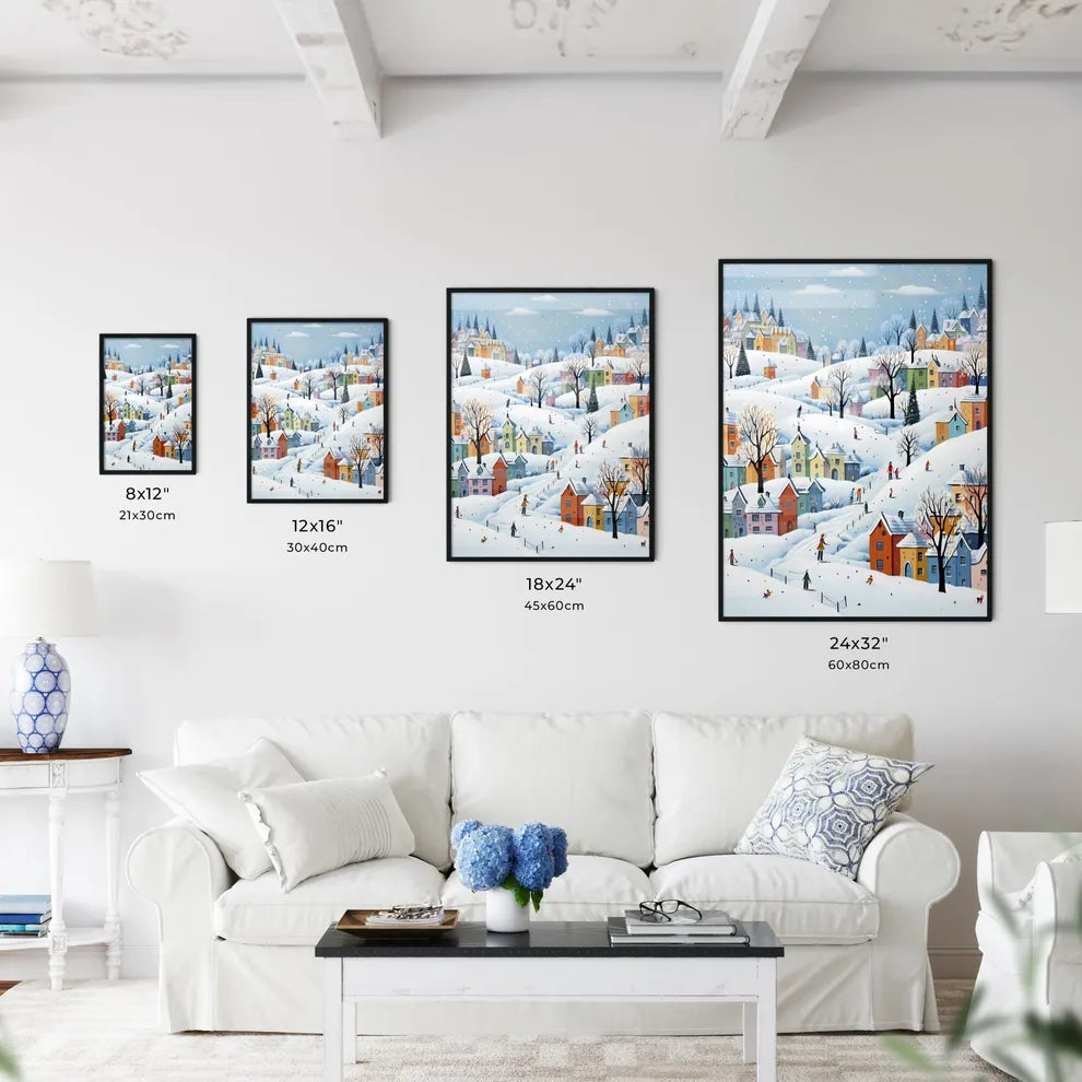 A Poster of snow landscape - A Painting Of A Town With Many Colorful Houses And Trees Size Chart