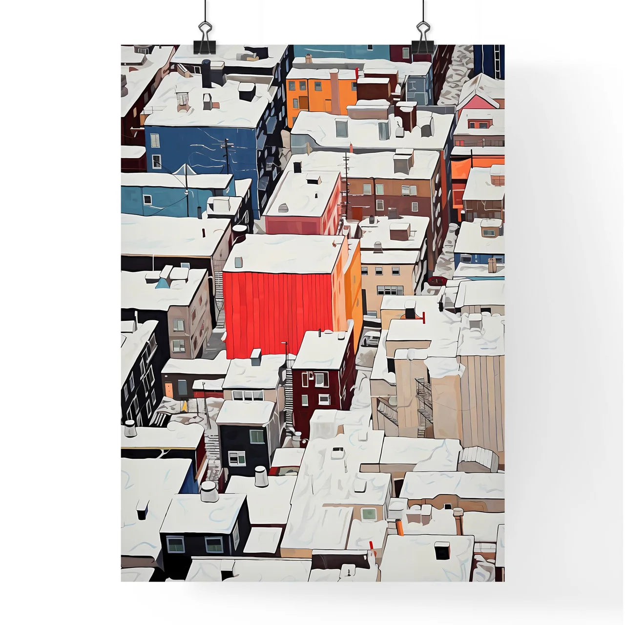 A Poster of snowy new york city roofs seen from above - A Group Of Buildings Covered In Snow Poster
