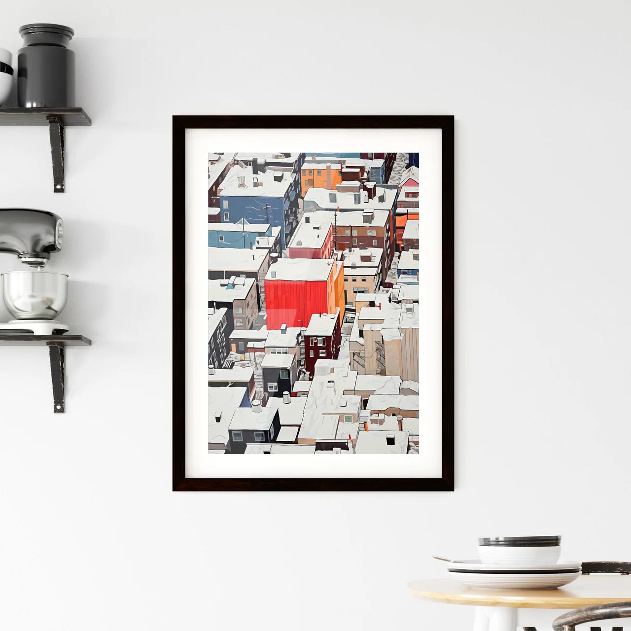 A Poster of snowy new york city roofs seen from above - A Group Of Buildings Covered In Snow Custom Print