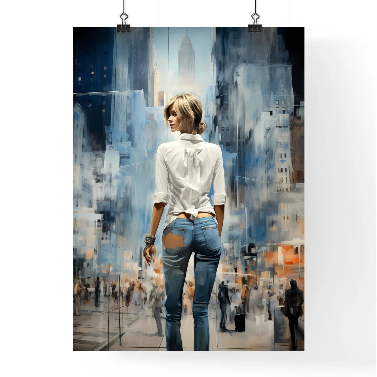 A Poster of person a new kind of woman - A Woman In A White Shirt And Blue Jeans Poster