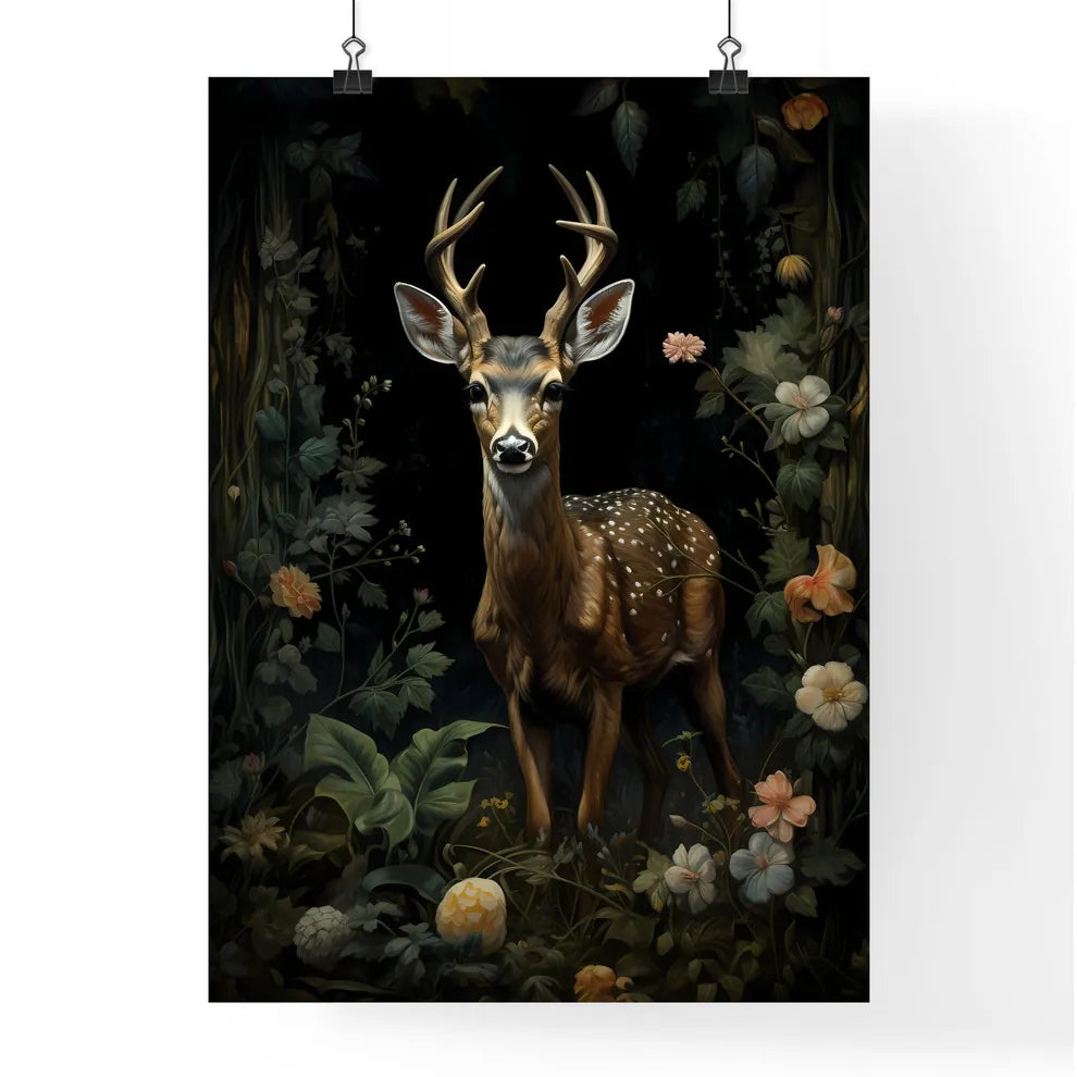 A Poster of a painting of a deer standing in the forest  Poster