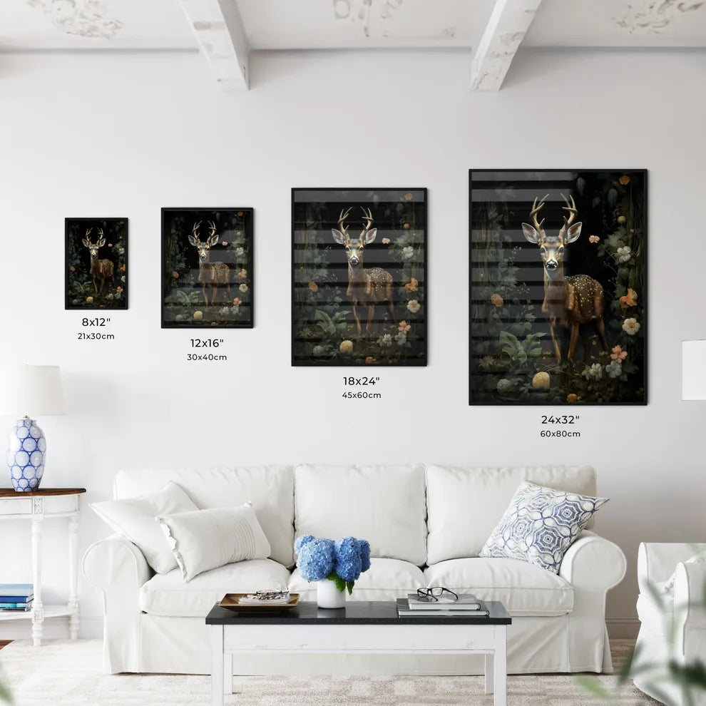 A Poster of a painting of a deer standing in the forest  Size Chart