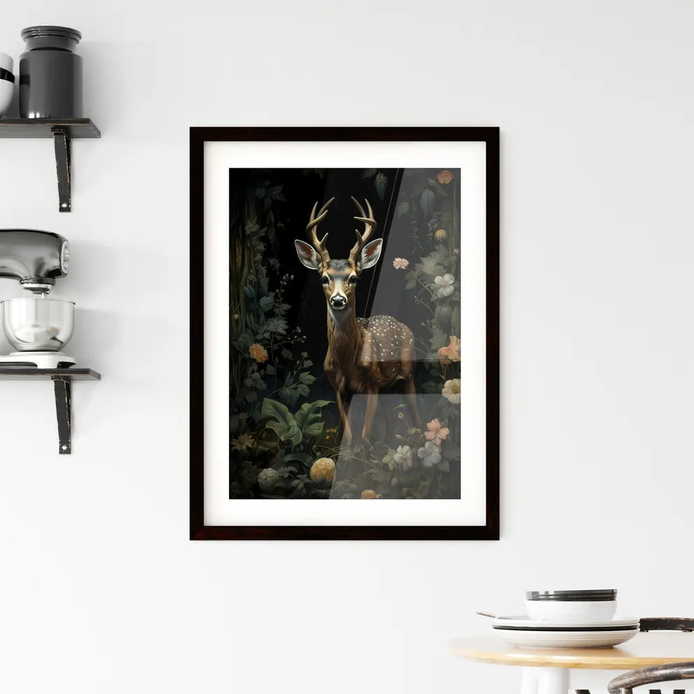A Poster of a painting of a deer standing in the forest  Framed Print