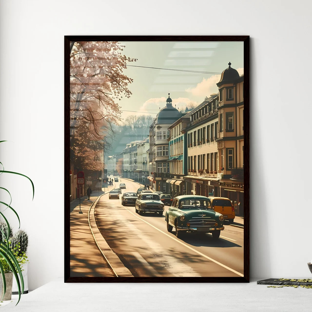 A Poster of Berlin Germany Skyline - A Street With Cars And Buildings Framed Art