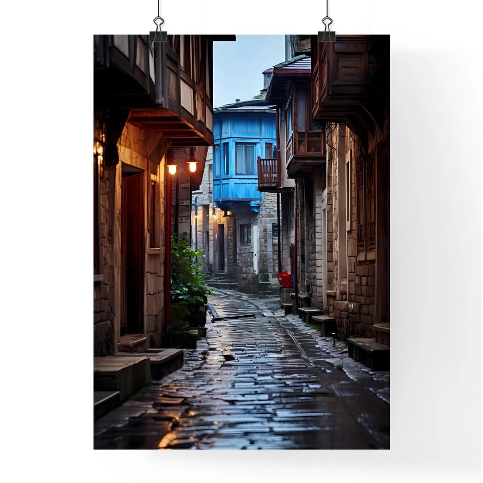 A Poster of Narrow street Ottoman architecture - A Stone Alleyway With Buildings And A Blue Building Poster