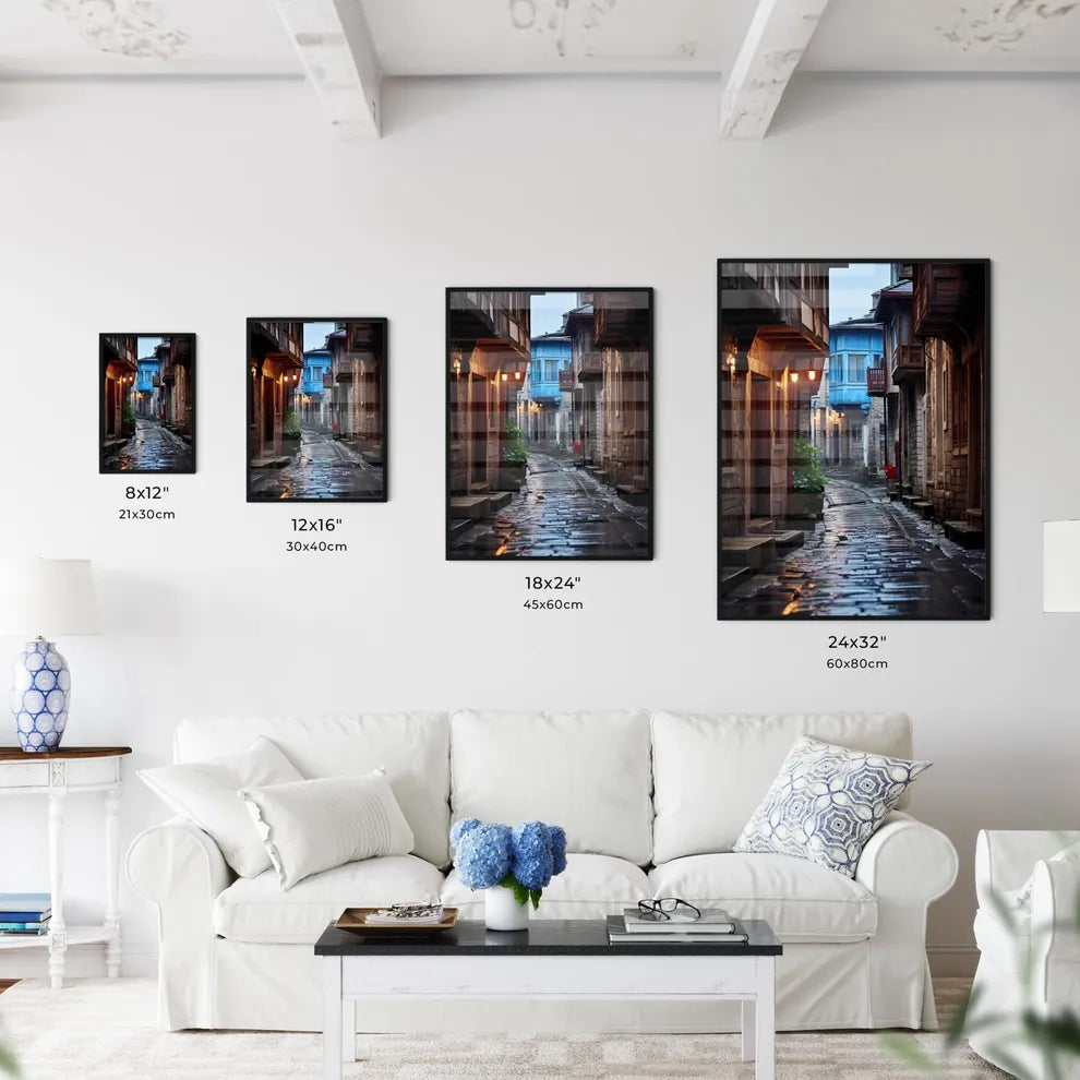A Poster of Narrow street Ottoman architecture - A Stone Alleyway With Buildings And A Blue Building Size Chart