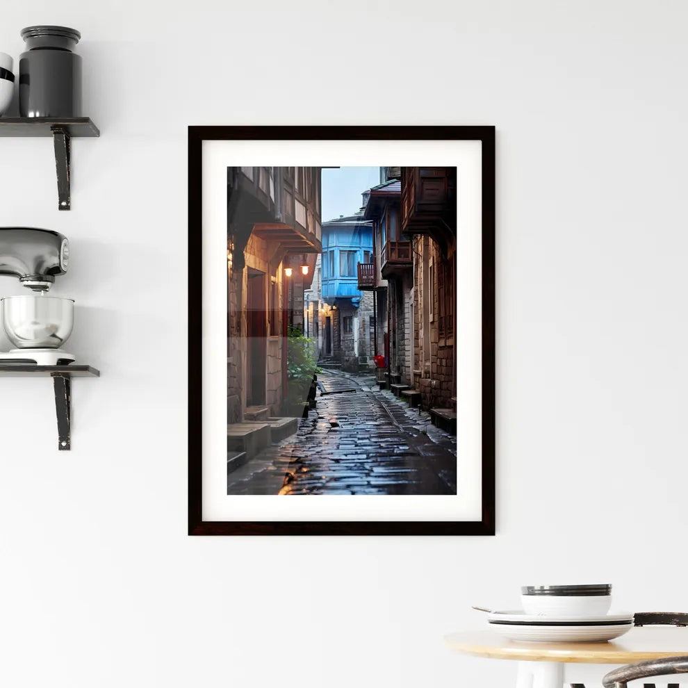 A Poster of Narrow street Ottoman architecture - A Stone Alleyway With Buildings And A Blue Building Custom Print