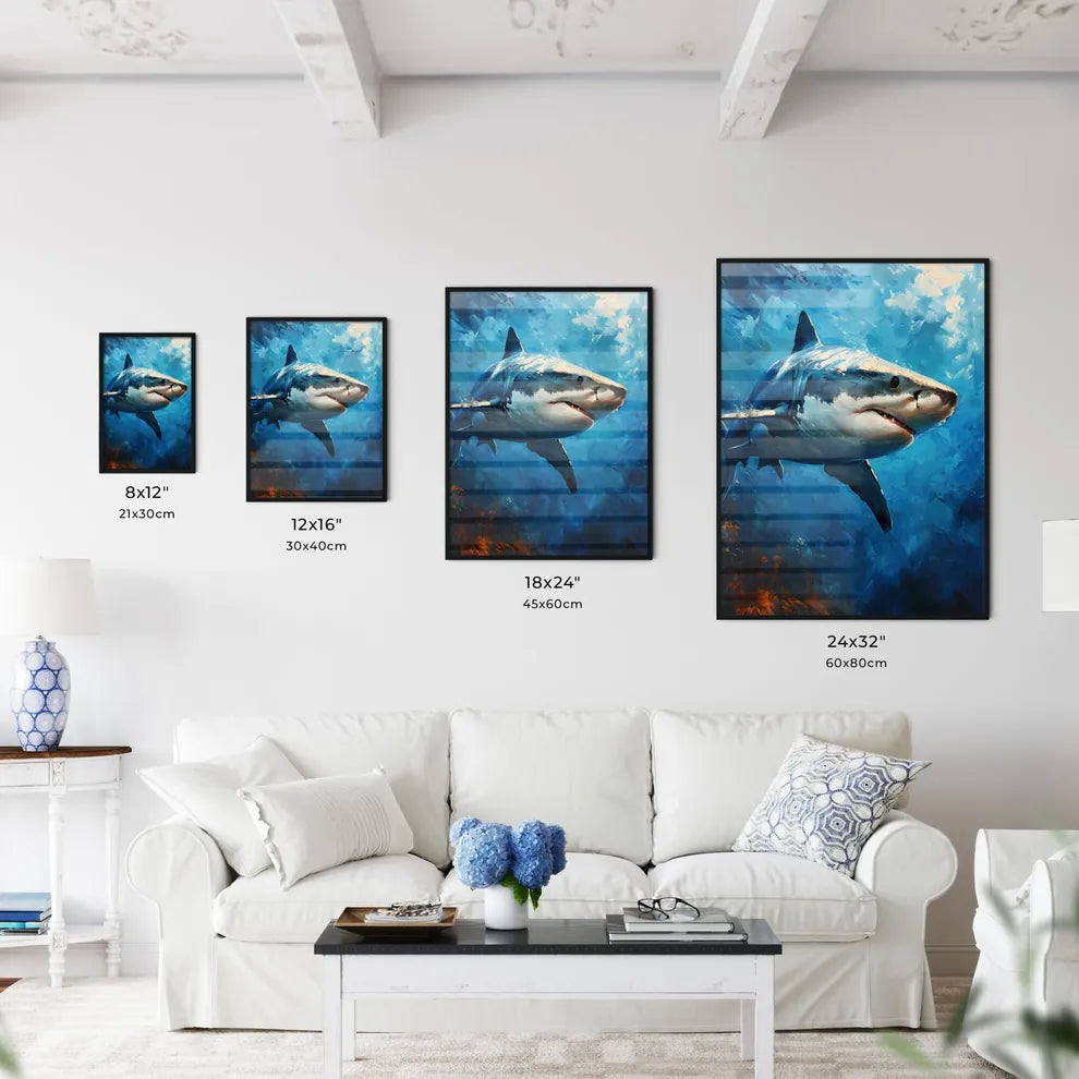 A Poster of The Shark Portrait with colorful Background  Size Chart