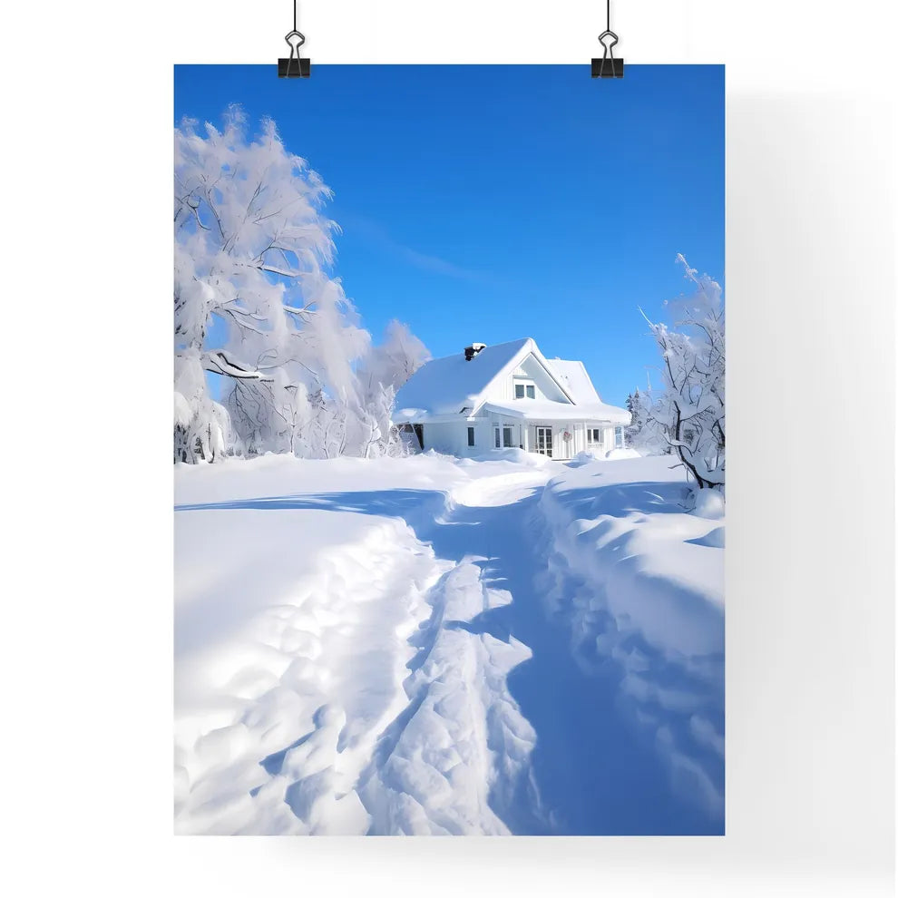 A Poster of beautiful snow scene - A House In The Snow Poster