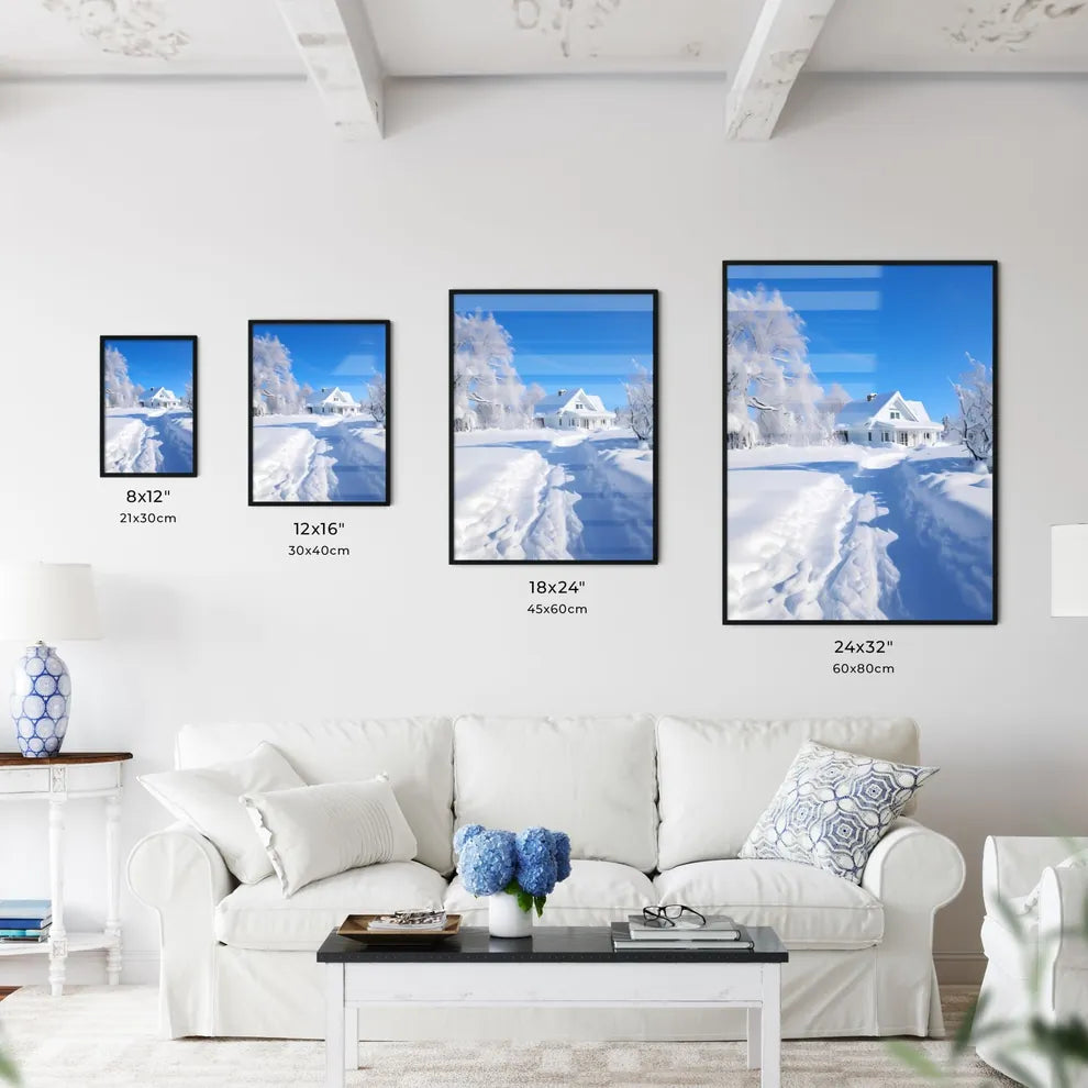 A Poster of beautiful snow scene - A House In The Snow Size Chart