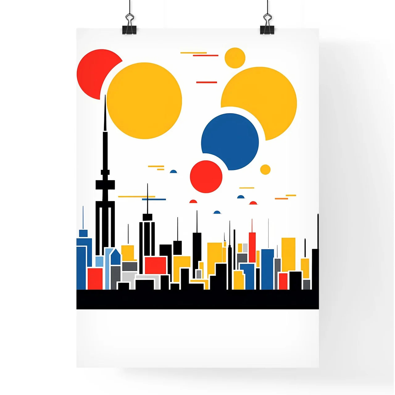 A Poster of minimalist Tokyo skyline - A Colorful Cityscape With A Tower And Circles Poster