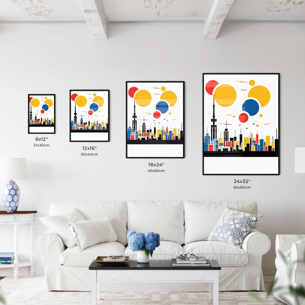 A Poster of minimalist Tokyo skyline - A Colorful Cityscape With A Tower And Circles Size Chart