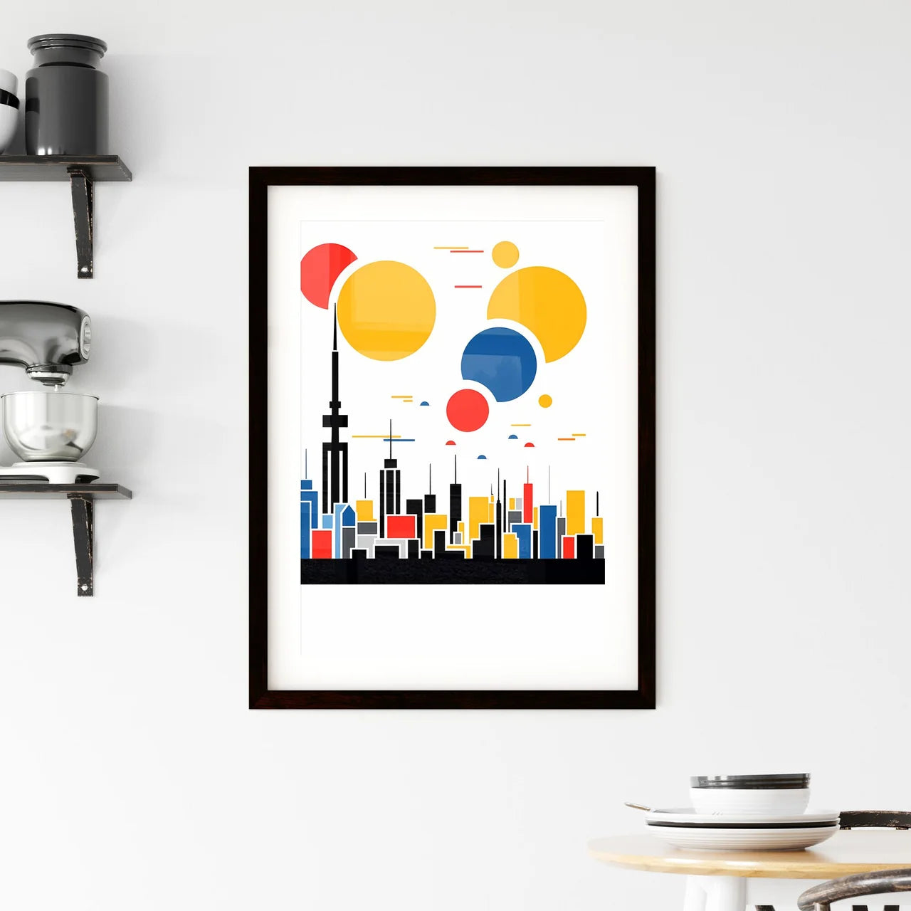 A Poster of minimalist Tokyo skyline - A Colorful Cityscape With A Tower And Circles Custom Print