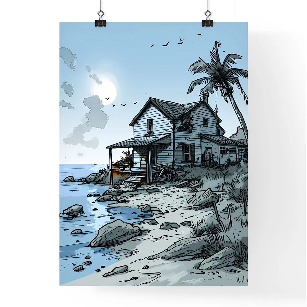 A Poster of coloring page for kids summer - A House On A Rocky Beach Poster