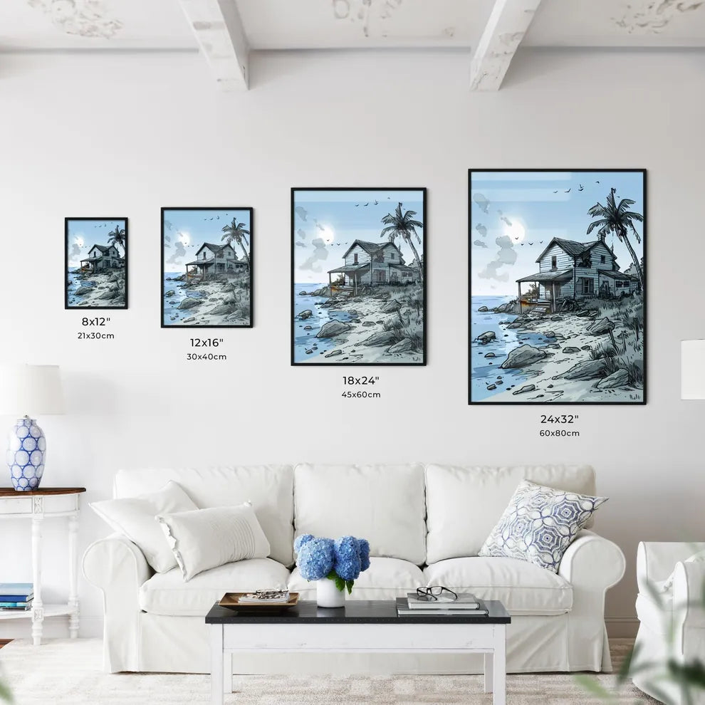 A Poster of coloring page for kids summer - A House On A Rocky Beach Size Chart