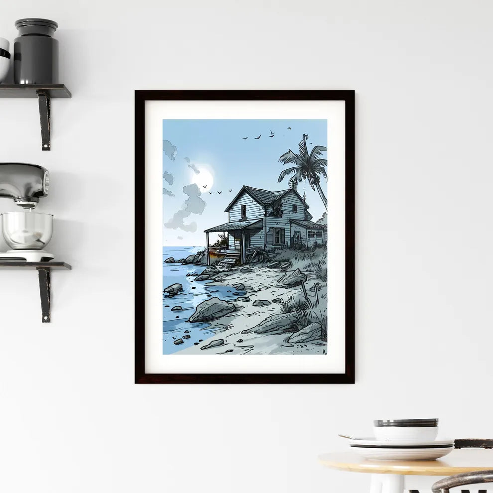 A Poster of coloring page for kids summer - A House On A Rocky Beach Custom Print