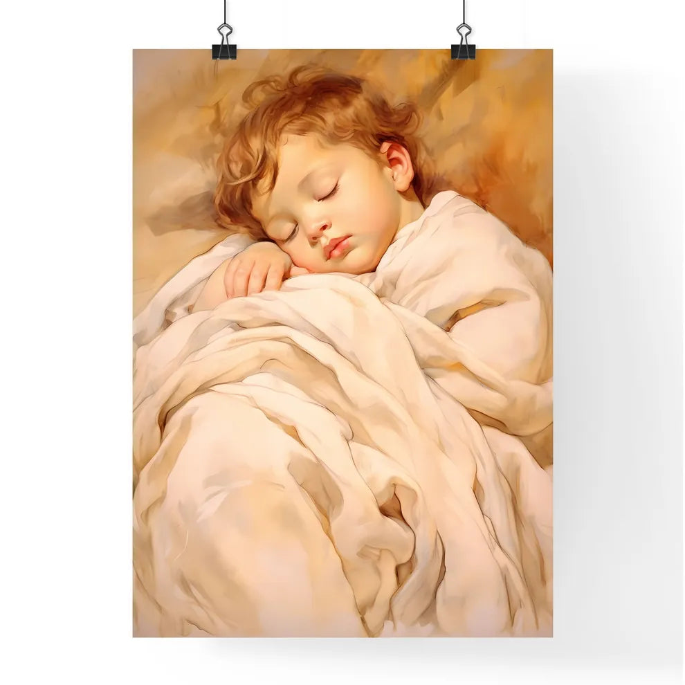 A Poster of baby sleeping in a white blanket Poster