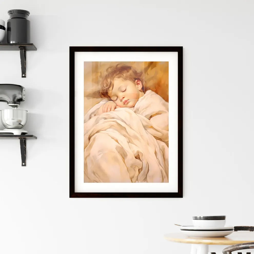A Poster of baby sleeping in a white blanket Framed Print