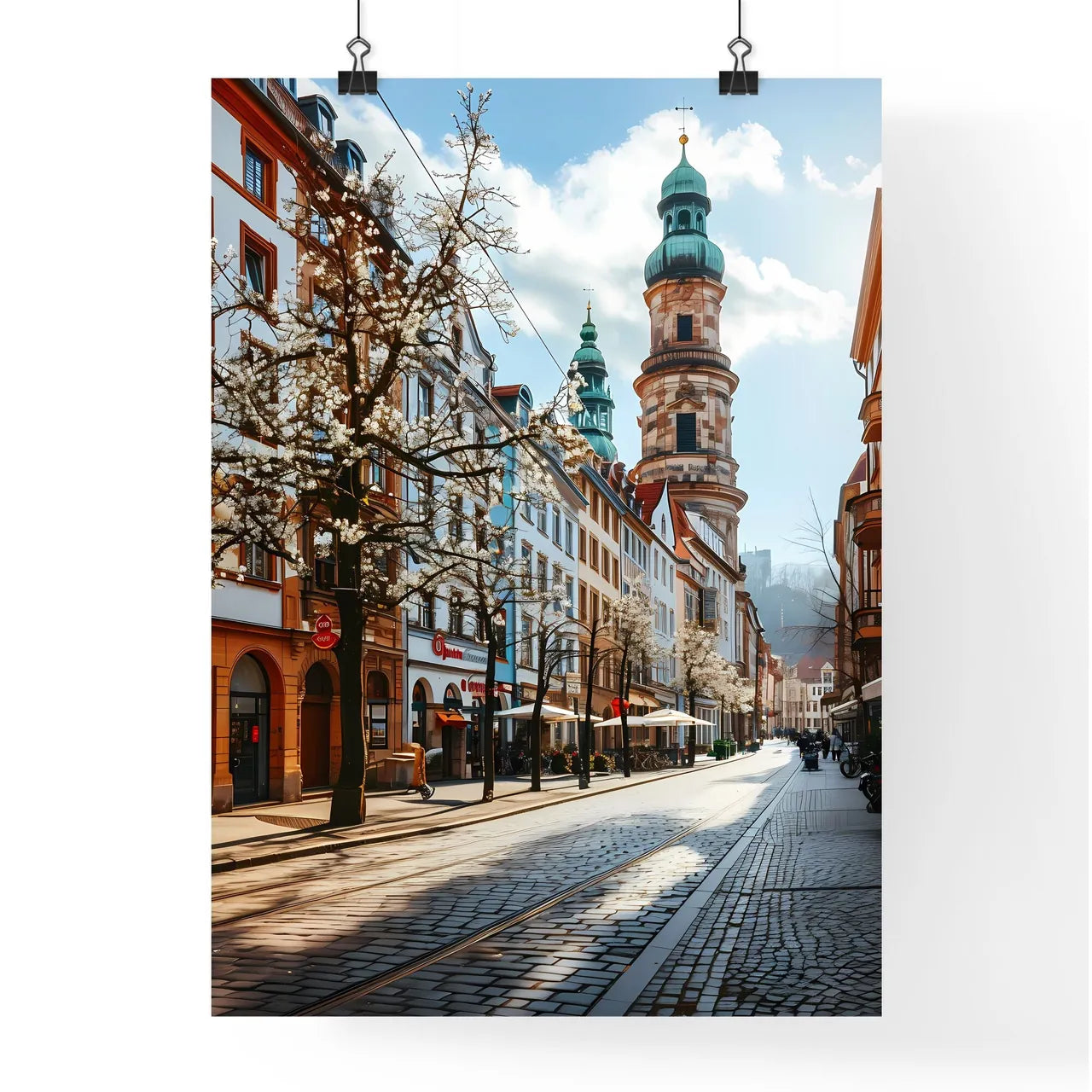 A Poster of Darmstadt Hesse germany Skyline - A Street With Buildings And A Tower Poster