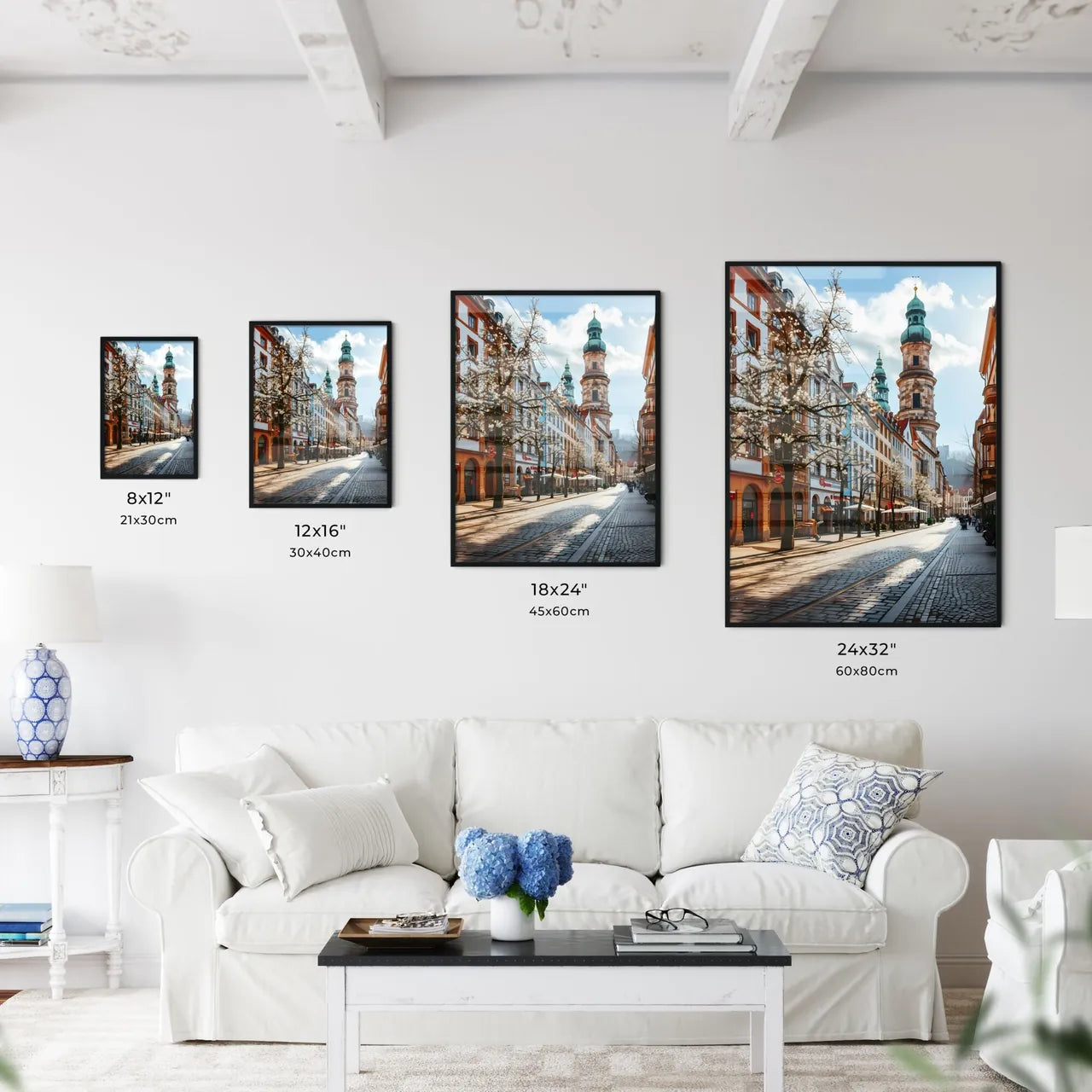 A Poster of Darmstadt Hesse germany Skyline - A Street With Buildings And A Tower Size Chart