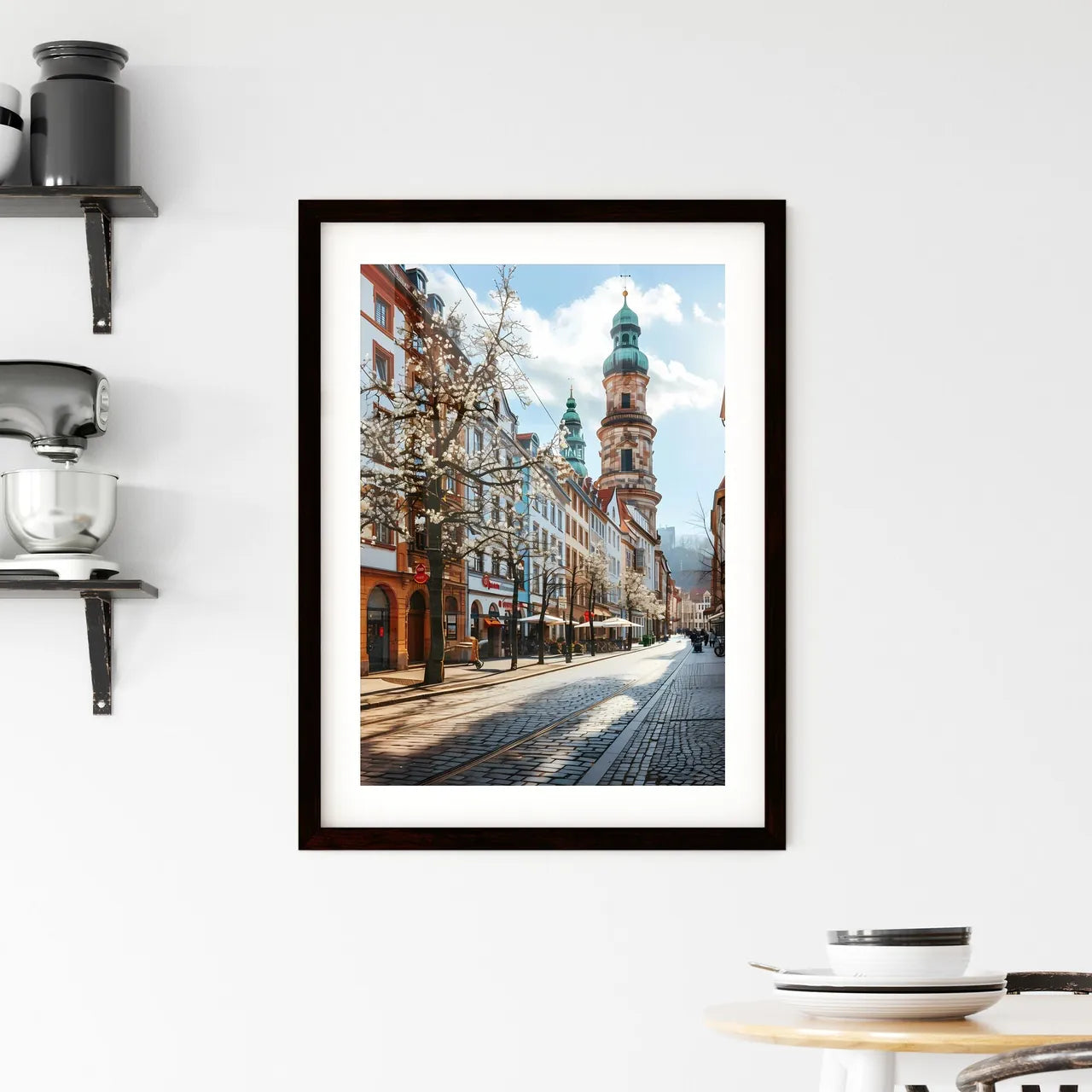 A Poster of Darmstadt Hesse germany Skyline - A Street With Buildings And A Tower Custom Print